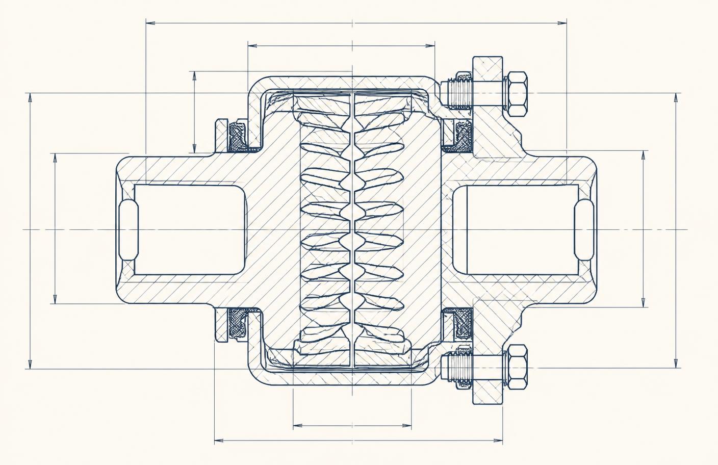 Sectioned engineering drawing of a flexible gear coupling showing two toothed hubs meshing with an internally toothed sleeve, bolted flange joint and end seals, with dimension lines