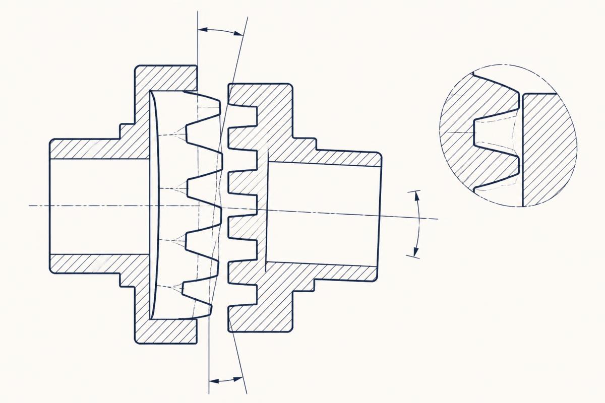 Cross-section diagram of a crowned external gear tooth meshing with a straight internal sleeve tooth, with the angular misalignment between hub and sleeve centrelines marked by dimension arcs and a magnified detail of the contact point